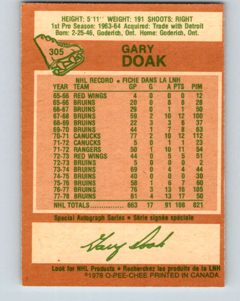 1978-79 O-Pee-Chee #305 Gary Doak  Boston Bruins  V25154