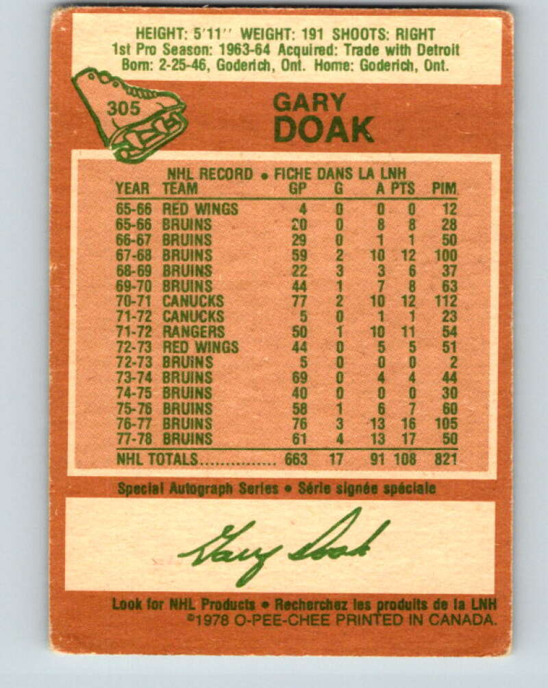 1978-79 O-Pee-Chee #305 Gary Doak  Boston Bruins  V25155