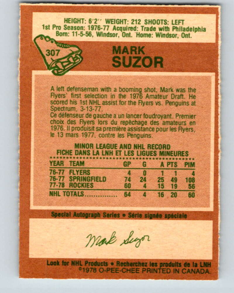1978-79 O-Pee-Chee #307 Mark Suzor RC Rookie Bruins  V25191