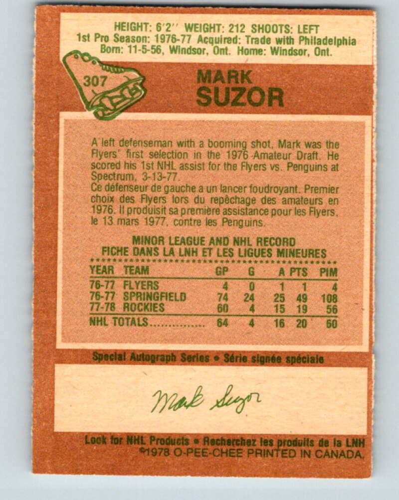 1978-79 O-Pee-Chee #307 Mark Suzor RC Rookie Bruins  V25196