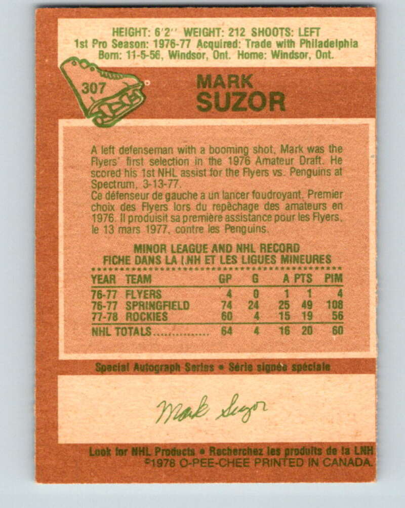 1978-79 O-Pee-Chee #307 Mark Suzor RC Rookie Bruins  V25202
