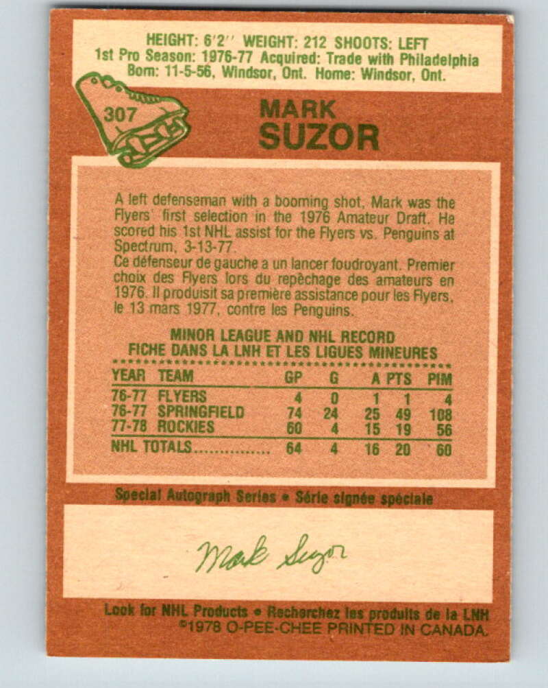 1978-79 O-Pee-Chee #307 Mark Suzor RC Rookie Bruins  V25204