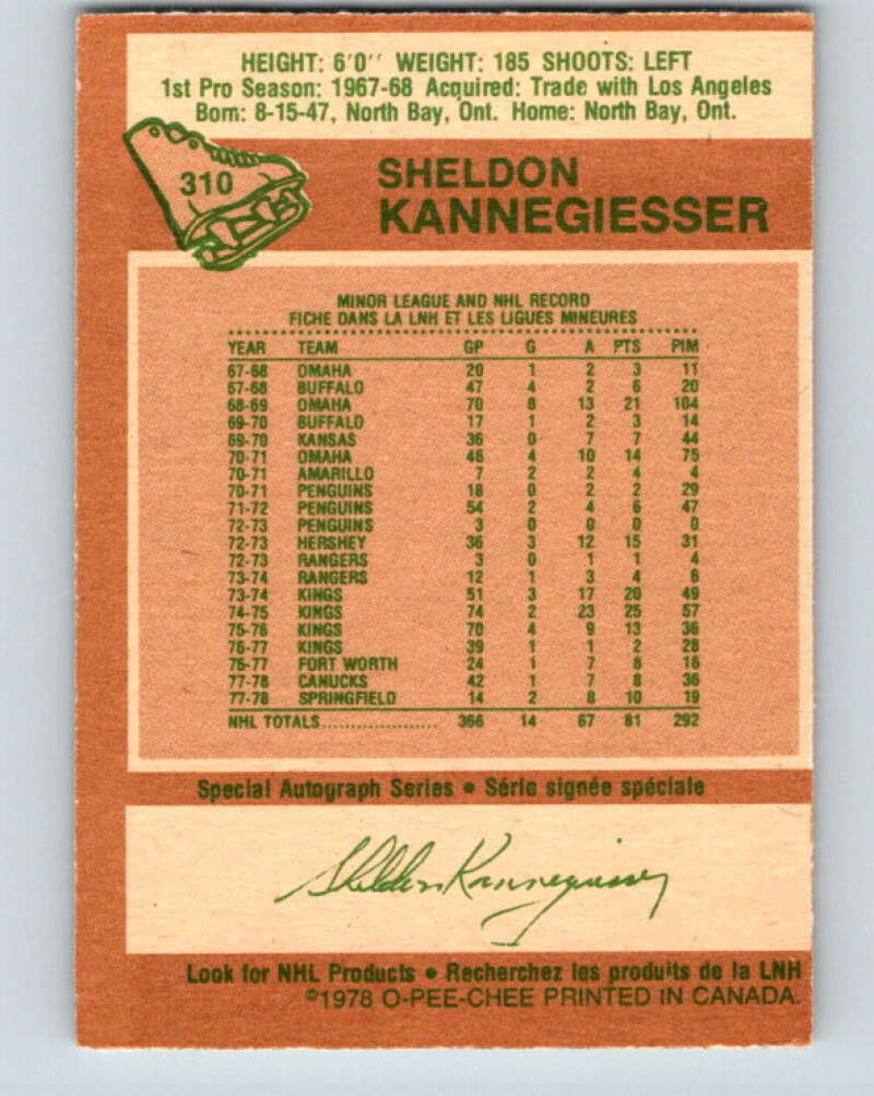 1978-79 O-Pee-Chee #310 Sheldon Kannegiesser Canucks  V25223
