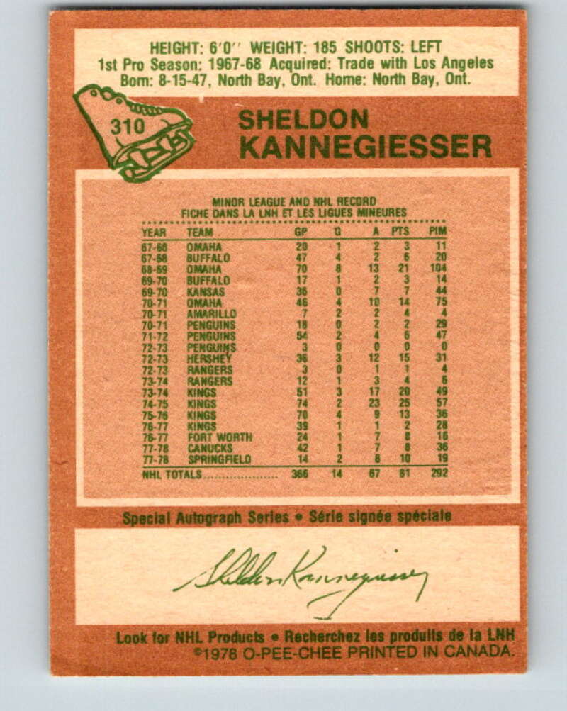 1978-79 O-Pee-Chee #310 Sheldon Kannegiesser Canucks  V25227