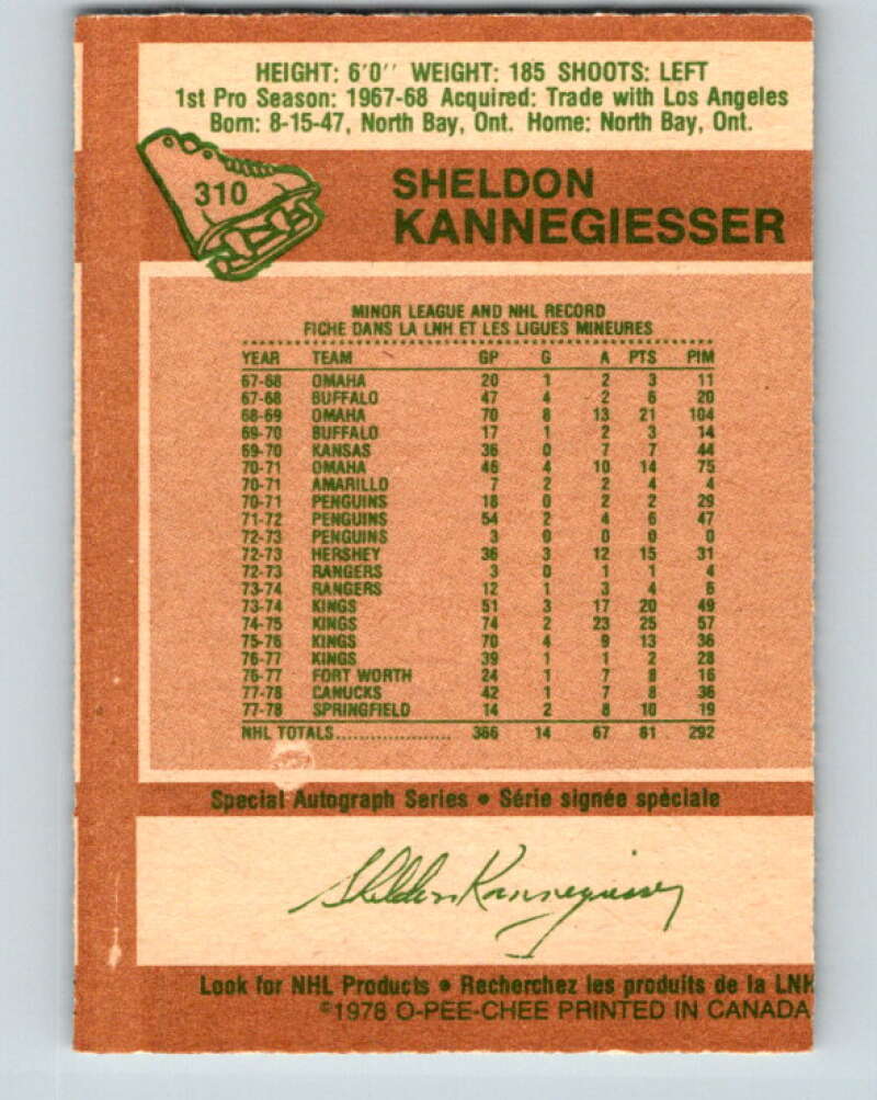 1978-79 O-Pee-Chee #310 Sheldon Kannegiesser Canucks  V25229