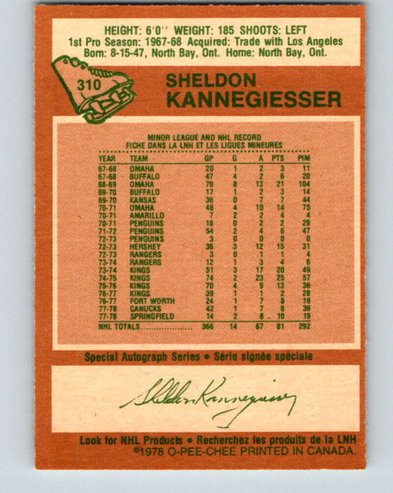 1978-79 O-Pee-Chee #310 Sheldon Kannegiesser Canucks  V25235