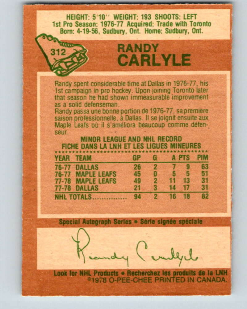 1978-79 O-Pee-Chee #312 Randy Carlyle RC Rookie Penguins  V25257