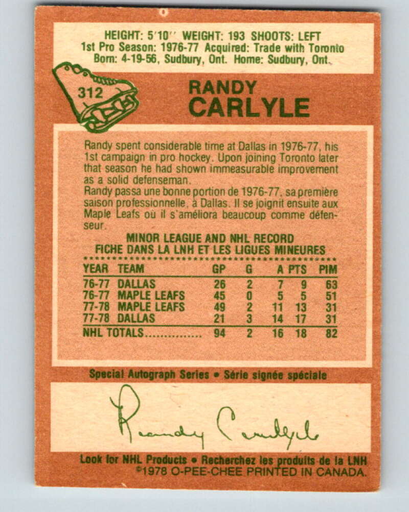 1978-79 O-Pee-Chee #312 Randy Carlyle RC Rookie Penguins  V25258