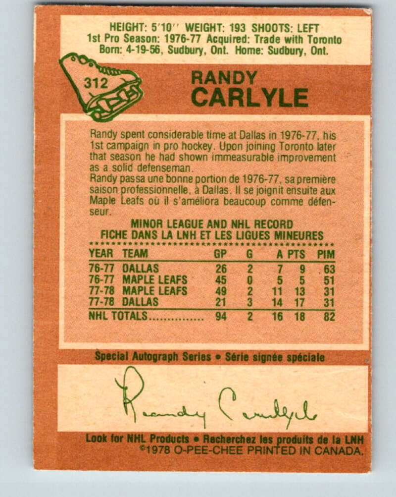 1978-79 O-Pee-Chee #312 Randy Carlyle RC Rookie Penguins  V25259