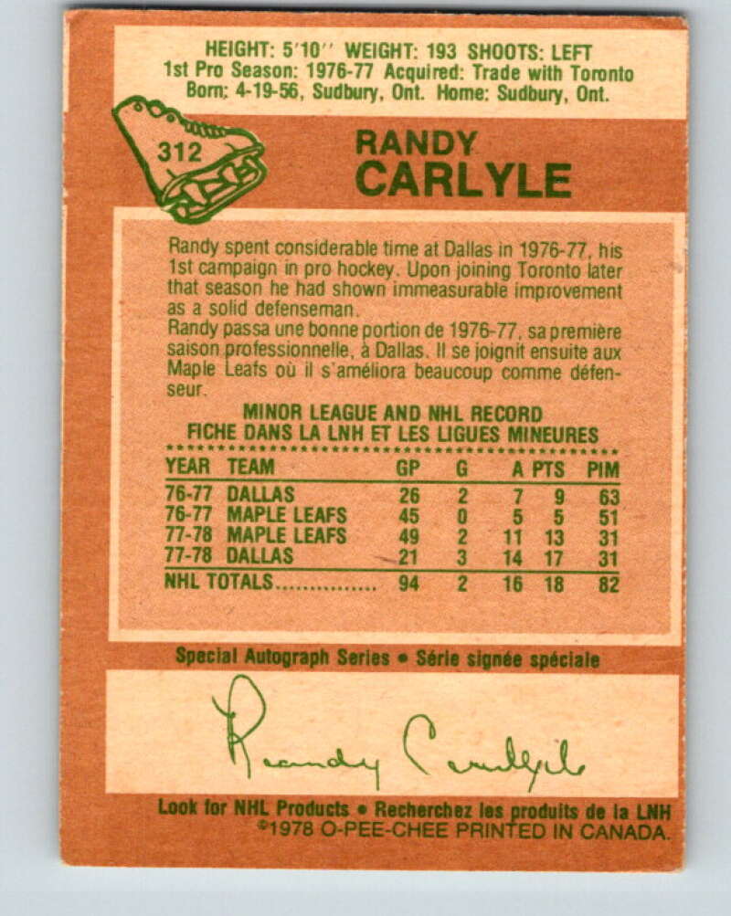 1978-79 O-Pee-Chee #312 Randy Carlyle RC Rookie Penguins  V25260