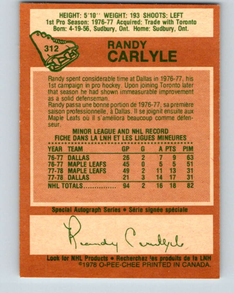 1978-79 O-Pee-Chee #312 Randy Carlyle RC Rookie Penguins  V25261
