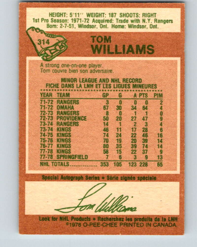 1978-79 O-Pee-Chee #314 Tom Williams  Los Angeles Kings  V25283