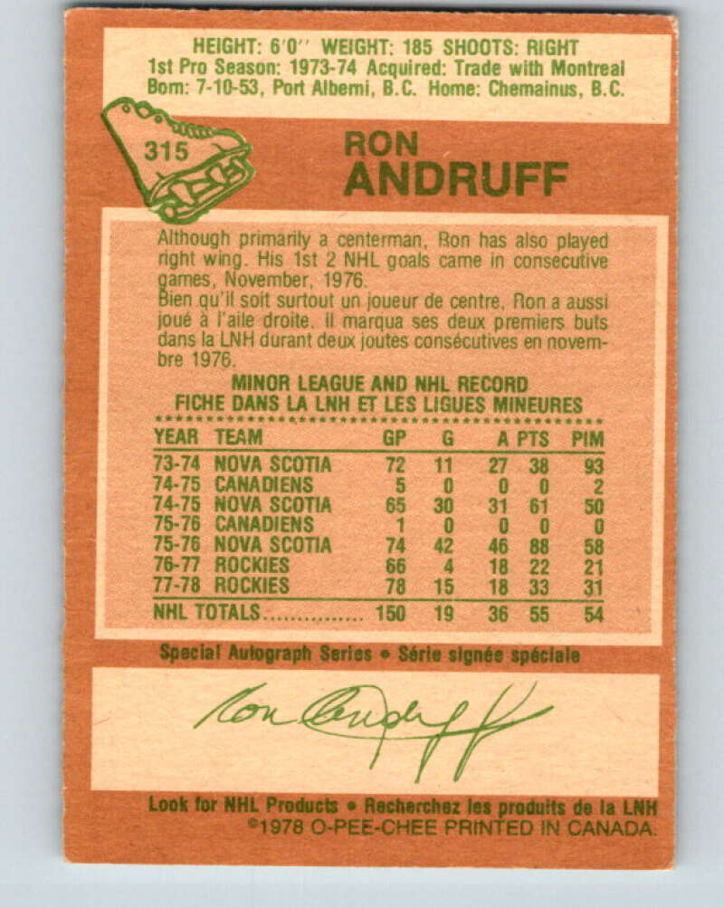 1978-79 O-Pee-Chee #315 Ron Andruff  Colorado Rockies  V25286