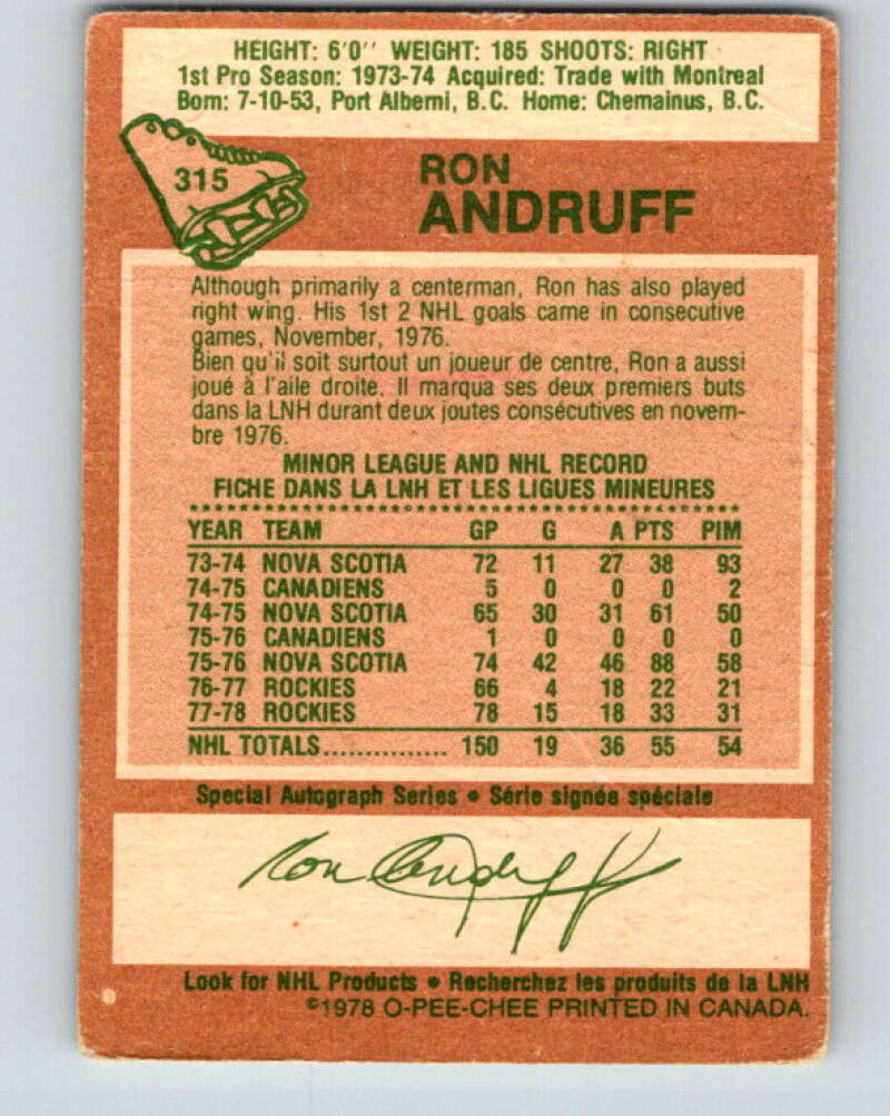 1978-79 O-Pee-Chee #315 Ron Andruff  Colorado Rockies  V25287