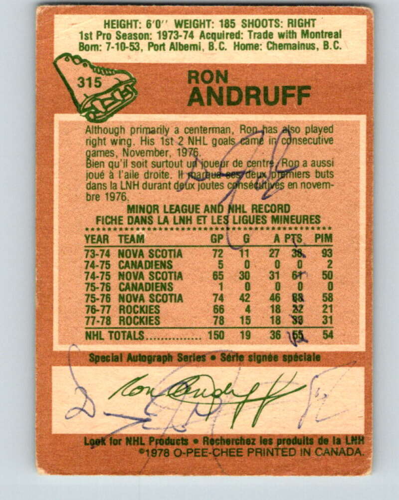 1978-79 O-Pee-Chee #315 Ron Andruff  Colorado Rockies  V25288