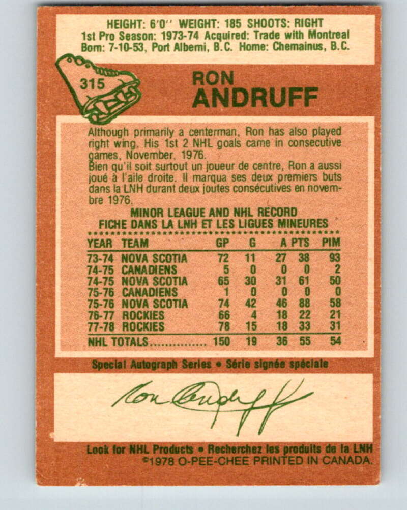 1978-79 O-Pee-Chee #315 Ron Andruff  Colorado Rockies  V25289