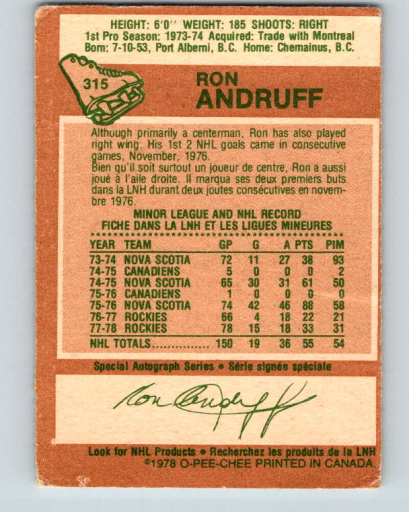 1978-79 O-Pee-Chee #315 Ron Andruff  Colorado Rockies  V25291