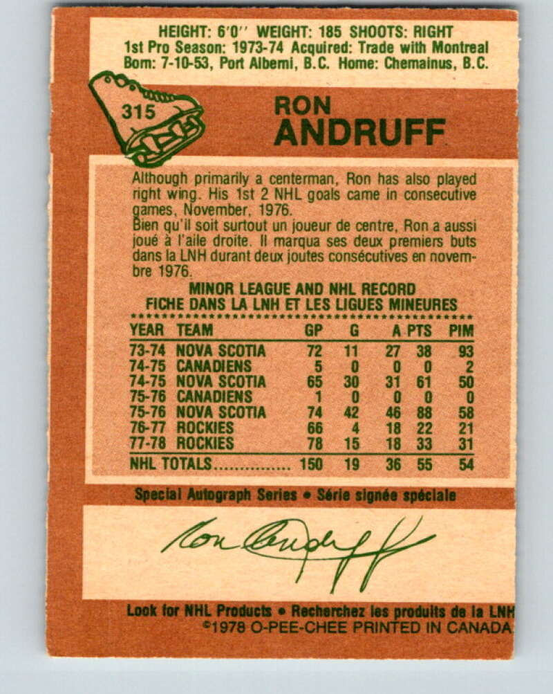 1978-79 O-Pee-Chee #315 Ron Andruff  Colorado Rockies  V25297