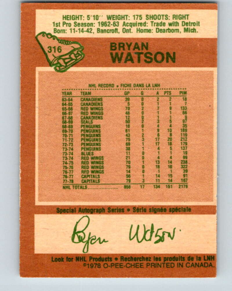 1978-79 O-Pee-Chee #316 Bryan Watson  Washington Capitals  V25301