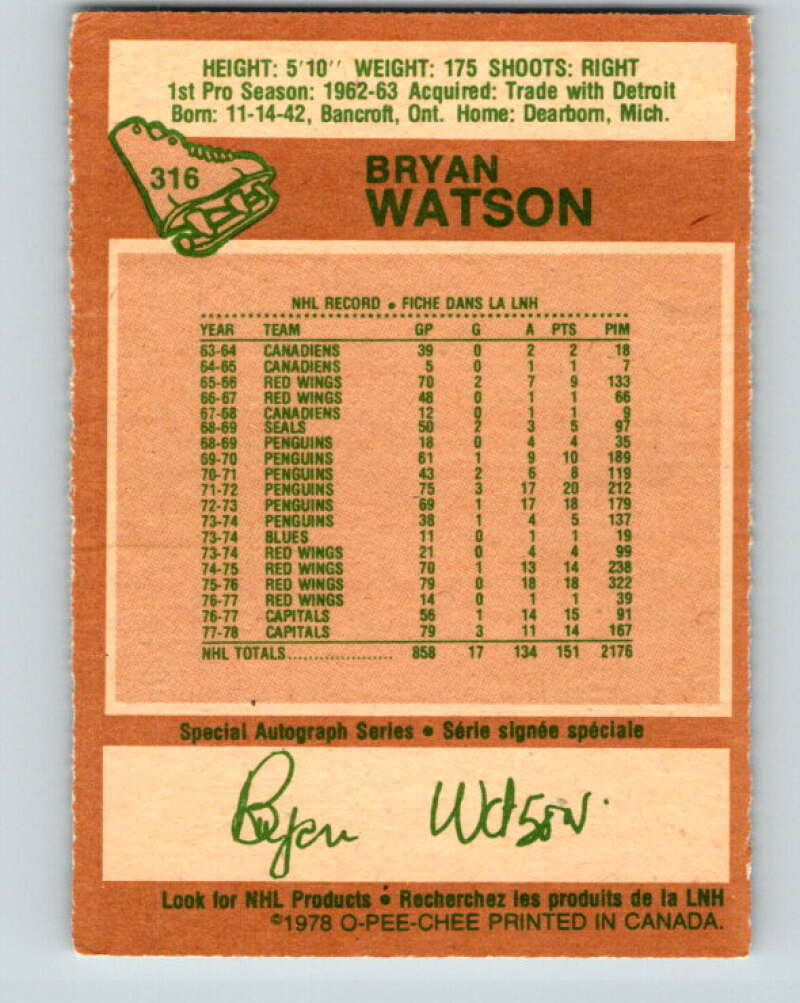 1978-79 O-Pee-Chee #316 Bryan Watson  Washington Capitals  V25311