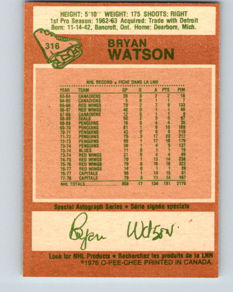 1978-79 O-Pee-Chee #316 Bryan Watson  Washington Capitals  V25313