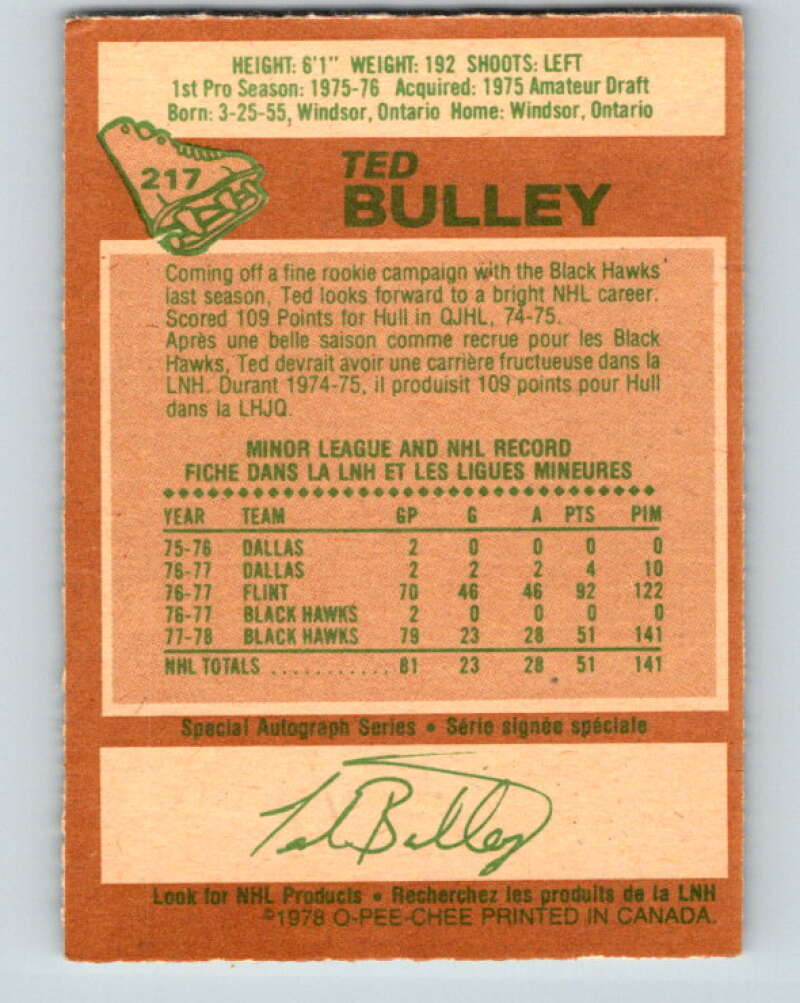 1978-79 O-Pee-Chee #217 Ted Bulley  RC Rookie Blackhawks  V25326