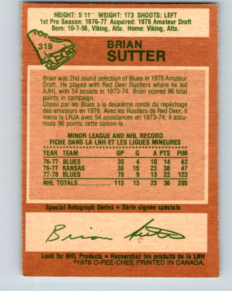 1978-79 O-Pee-Chee #319 Brian Sutter  RC Rookie St. Louis Blues  V25341