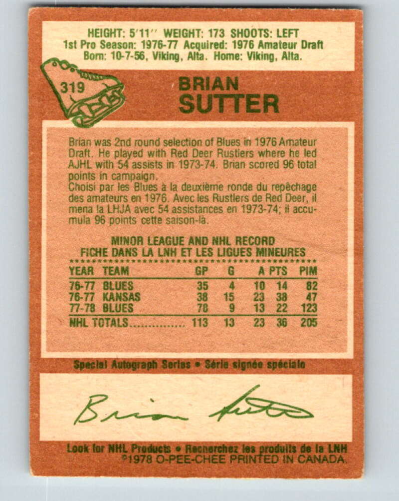 1978-79 O-Pee-Chee #319 Brian Sutter  RC Rookie St. Louis Blues  V25343