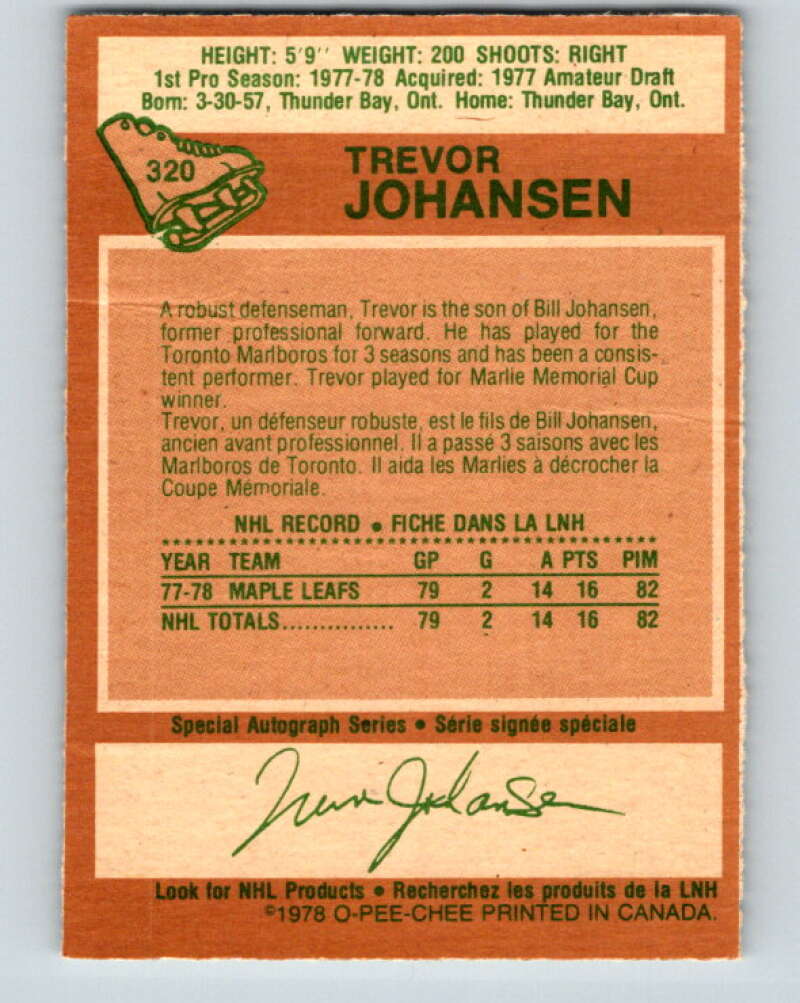 1978-79 O-Pee-Chee #320 Trevor Johansen RC Rookie Maple Leafs  V25350