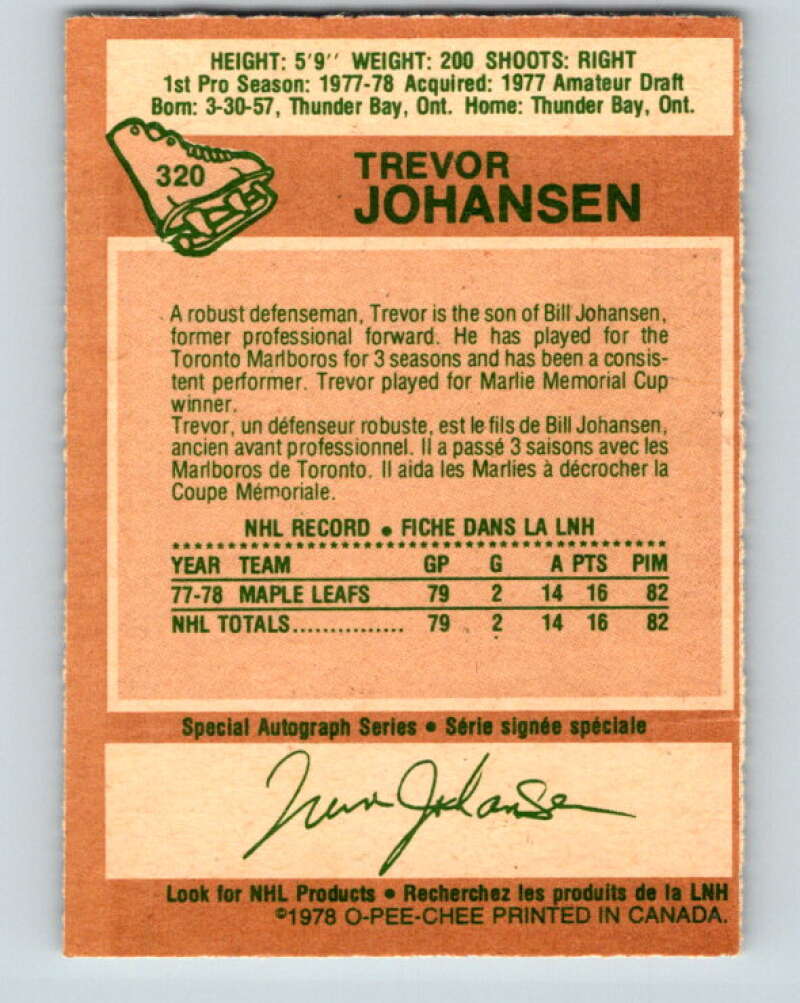 1978-79 O-Pee-Chee #320 Trevor Johansen RC Rookie Maple Leafs  V25351
