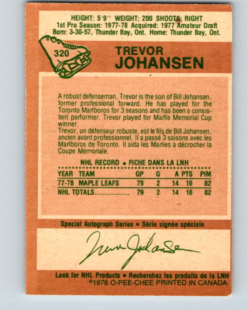 1978-79 O-Pee-Chee #320 Trevor Johansen RC Rookie Maple Leafs  V25355