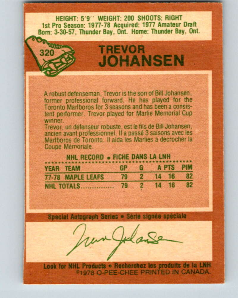1978-79 O-Pee-Chee #320 Trevor Johansen RC Rookie Maple Leafs  V25357
