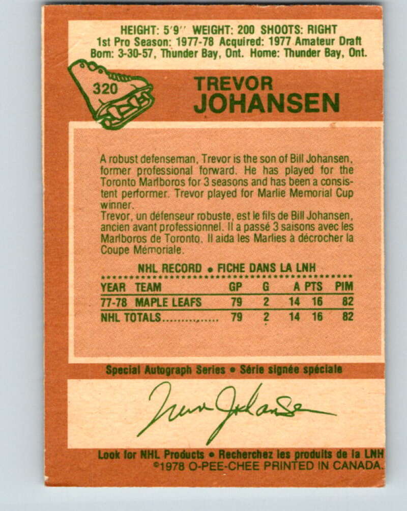 1978-79 O-Pee-Chee #320 Trevor Johansen RC Rookie Maple Leafs  V25359