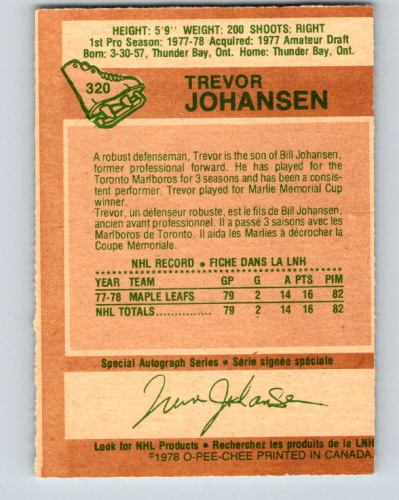 1978-79 O-Pee-Chee #320 Trevor Johansen RC Rookie Maple Leafs  V25362