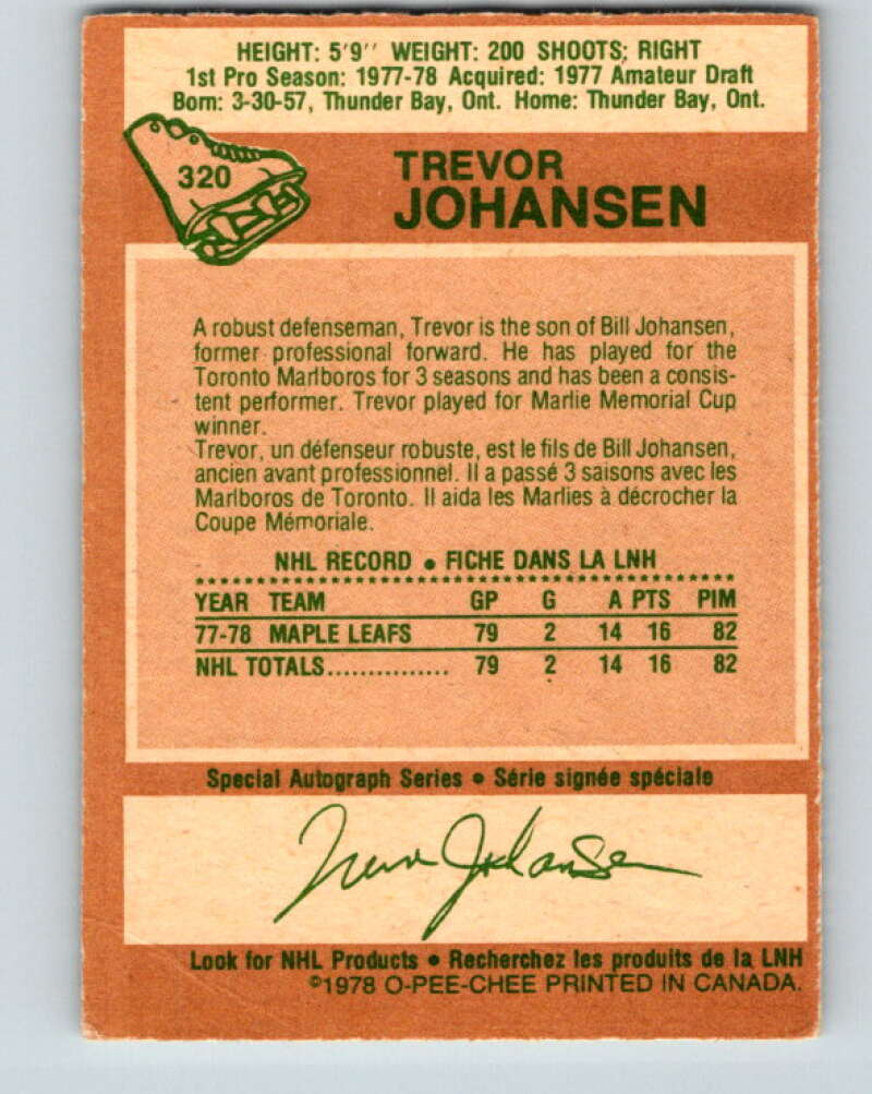 1978-79 O-Pee-Chee #320 Trevor Johansen RC Rookie Maple Leafs  V25363