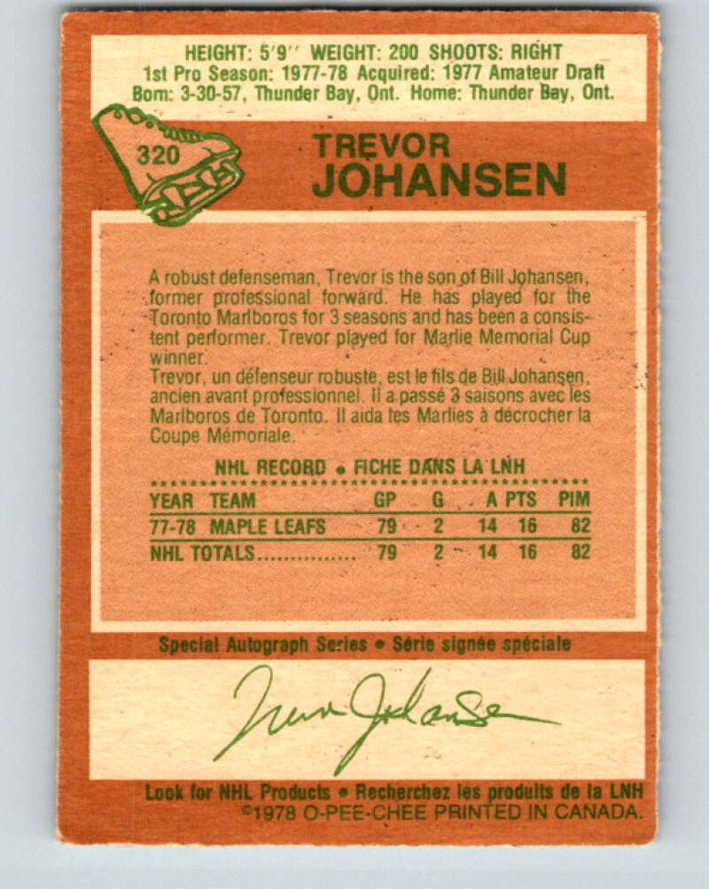 1978-79 O-Pee-Chee #320 Trevor Johansen RC Rookie Maple Leafs  V25364
