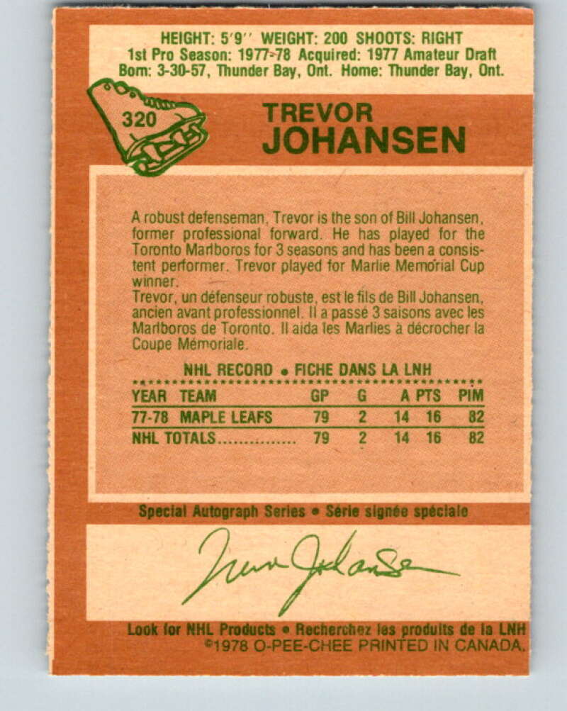 1978-79 O-Pee-Chee #320 Trevor Johansen RC Rookie Maple Leafs  V25365