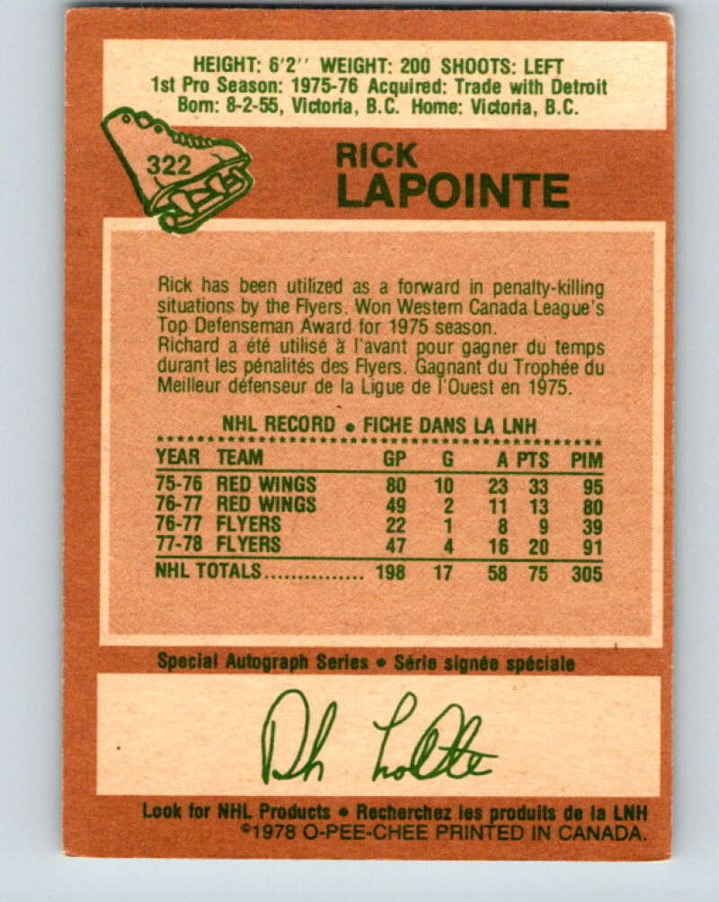 1978-79 O-Pee-Chee #322 Rick Lapointe  Philadelphia Flyers  V25384
