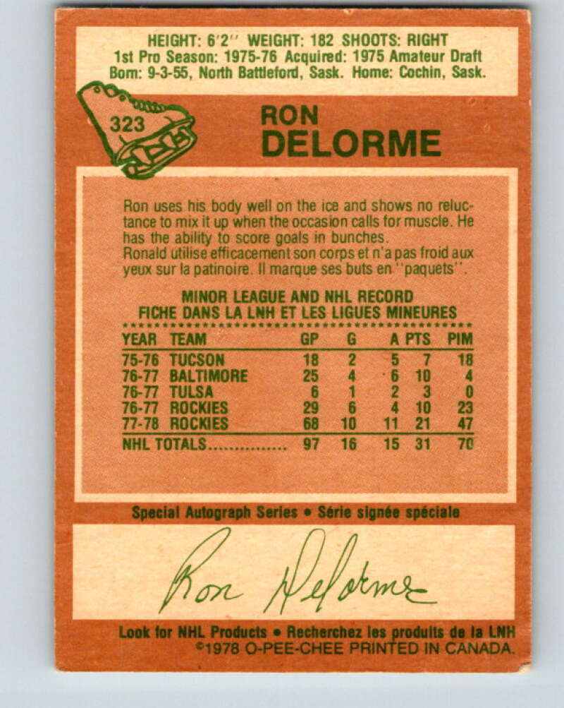 1978-79 O-Pee-Chee #323 Ron Delorme RC Rookie Rockies  V25392