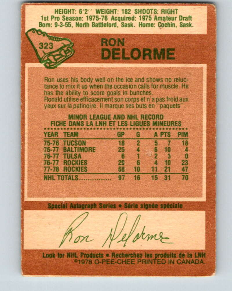 1978-79 O-Pee-Chee #323 Ron Delorme RC Rookie Rockies  V25393