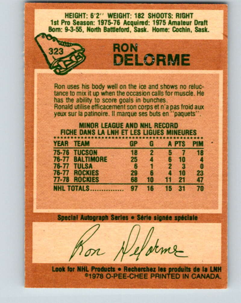 1978-79 O-Pee-Chee #323 Ron Delorme RC Rookie Rockies  V25395