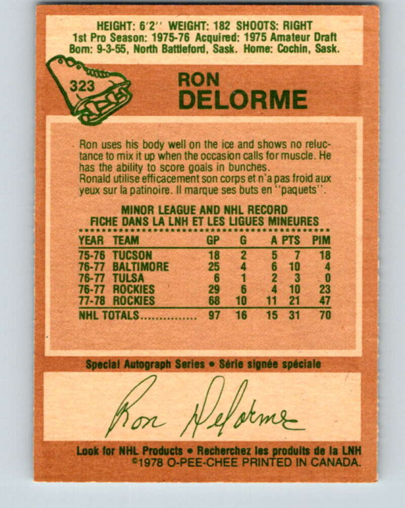 1978-79 O-Pee-Chee #323 Ron Delorme RC Rookie Rockies  V25400