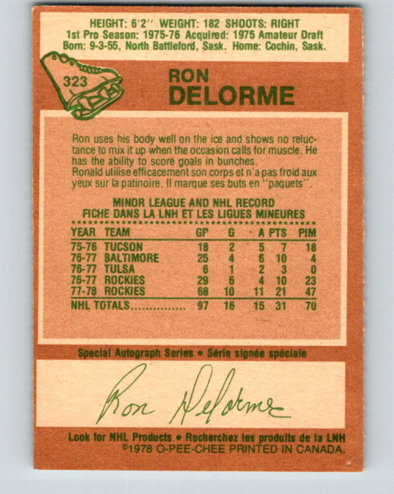 1978-79 O-Pee-Chee #323 Ron Delorme RC Rookie Rockies  V25401