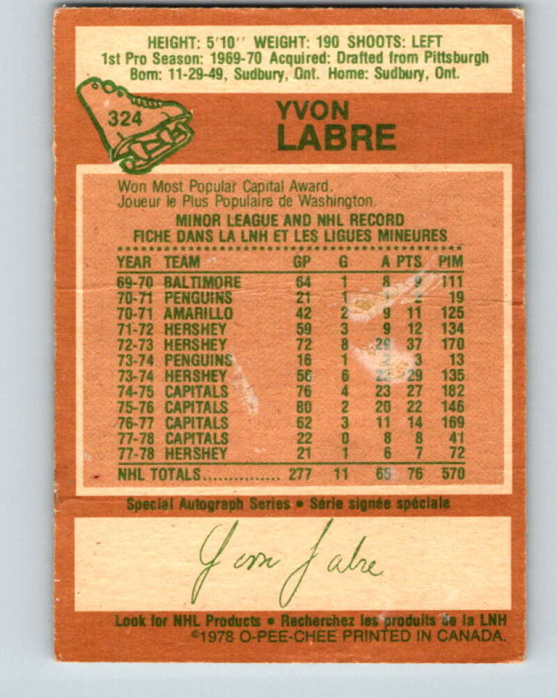 1978-79 O-Pee-Chee #324 Yvon Labre  Washington Capitals  V25410