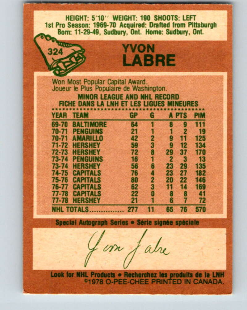1978-79 O-Pee-Chee #324 Yvon Labre  Washington Capitals  V25411