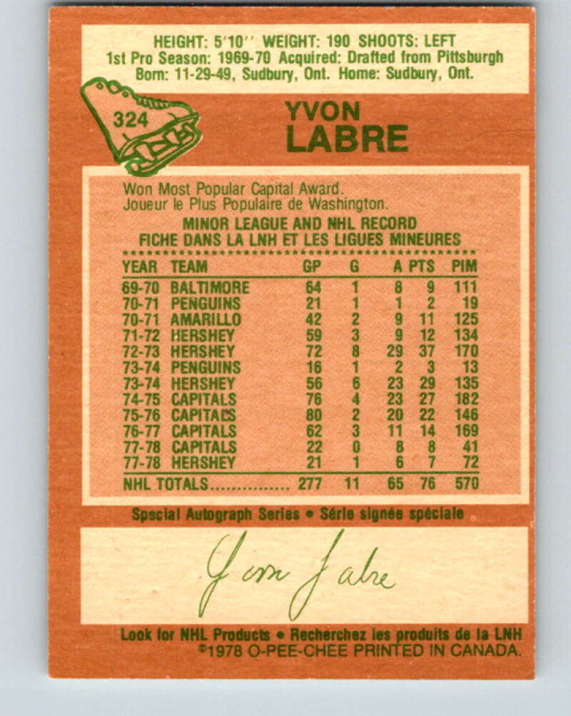 1978-79 O-Pee-Chee #324 Yvon Labre  Washington Capitals  V25413