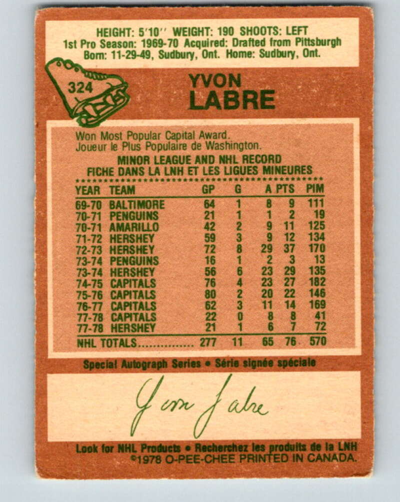 1978-79 O-Pee-Chee #324 Yvon Labre  Washington Capitals  V25415