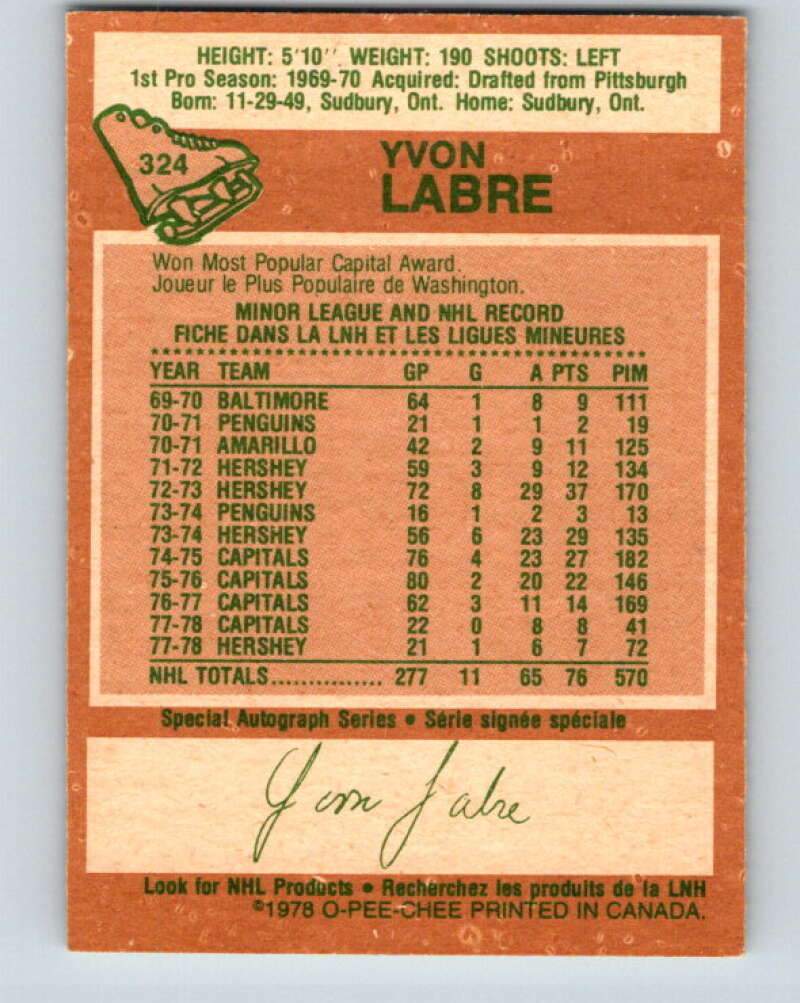 1978-79 O-Pee-Chee #324 Yvon Labre  Washington Capitals  V25418