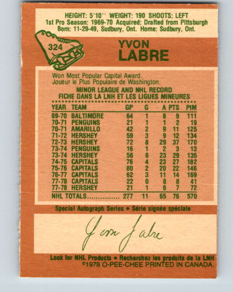 1978-79 O-Pee-Chee #324 Yvon Labre  Washington Capitals  V25424