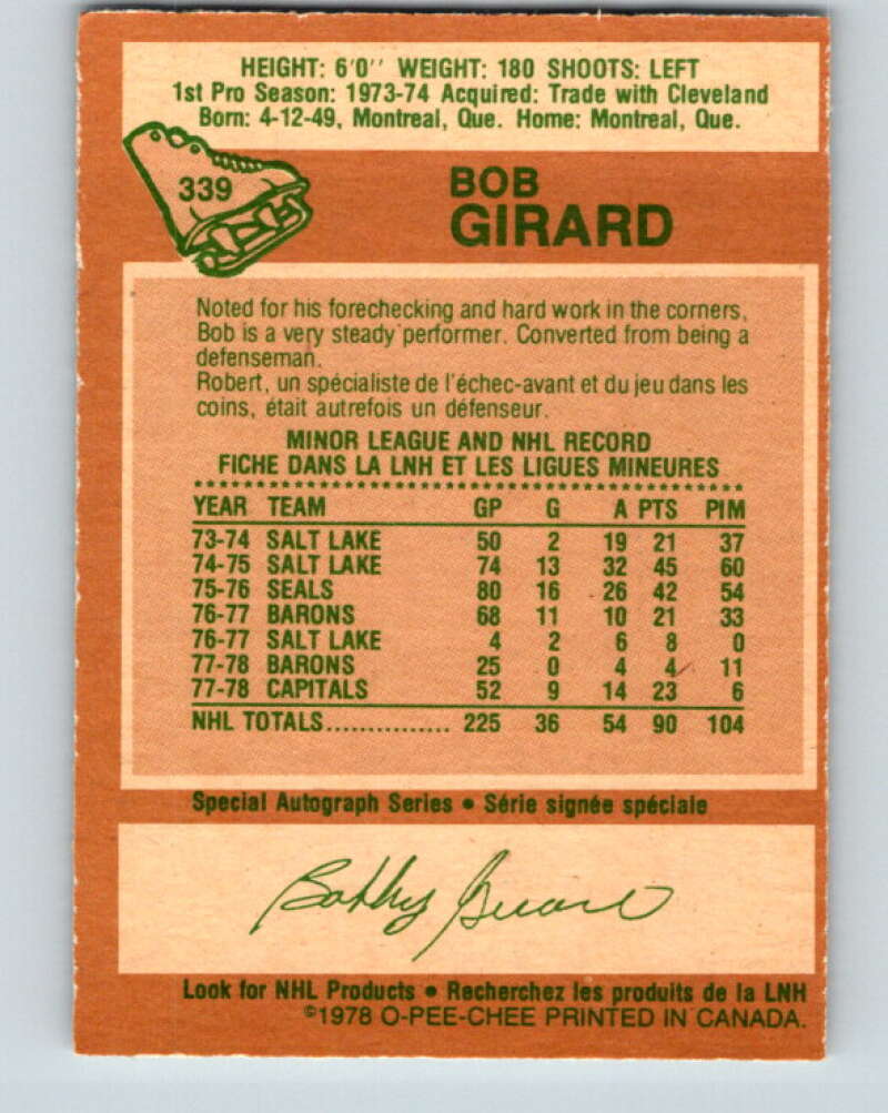 1978-79 O-Pee-Chee #339 Bob Girard  Washington Capitals  V25611